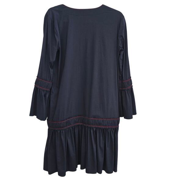 GANNI Navy Blue Poplin Midi Dress M Ruffle Embroidered Boho Luxury Minimalist - Picture 3 of 15